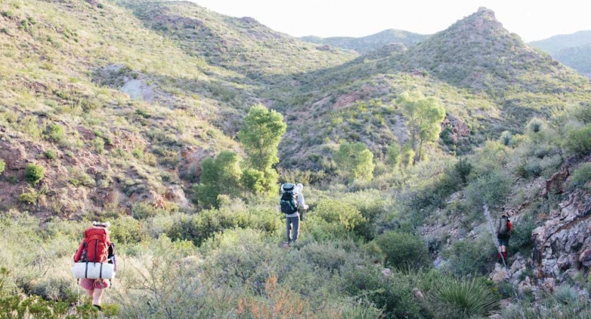 two people wearing backpacks traverse the landscape in big bend texas